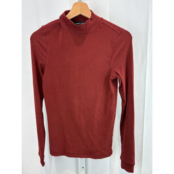 PRANA Size M Foundation Rib Mock Neck Top Long Sleeve Stretch Modal Red Orange - Picture 1 of 7